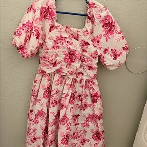 Floral Puff Sleeve Midi Dress in Pink